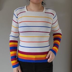 vintage square neck crew rainbow stripe sweater XS